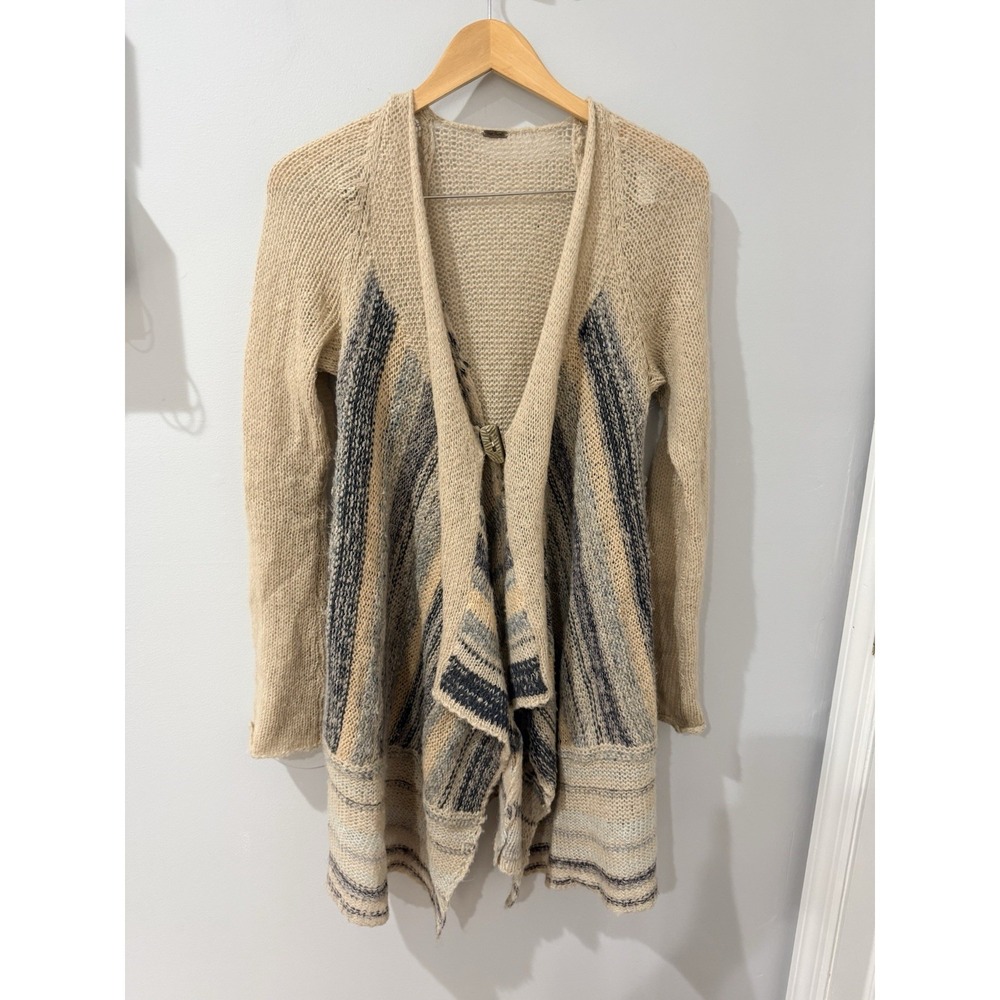 Free People Sz M Cardigan Toggle‎ Closure Will Blend Tan Blue Metallic Waterfall